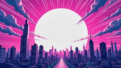 Stylized Retro Synthwave Cityscape With Large Glowing Sun