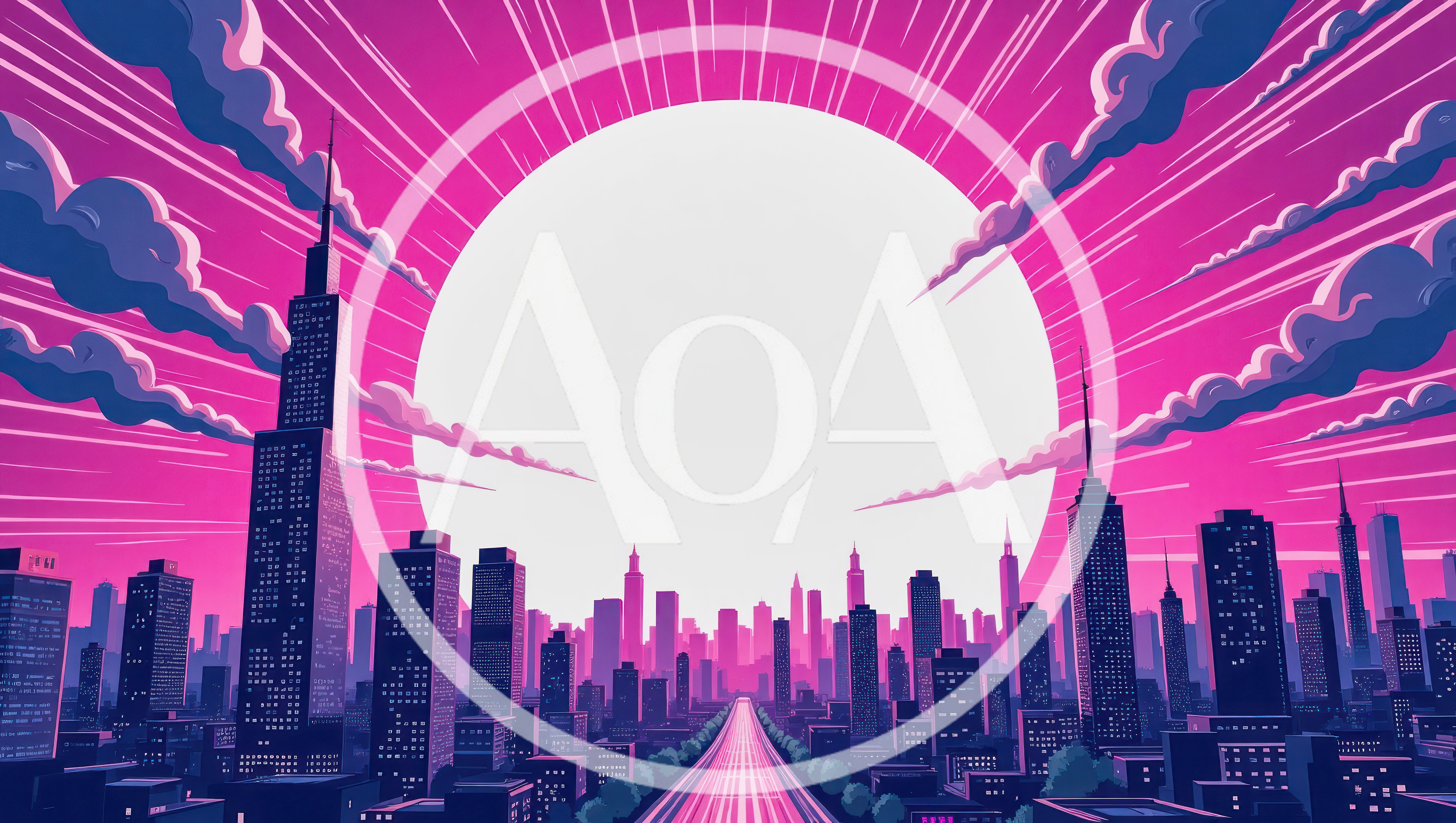 Stylized Retro Synthwave Cityscape With Large Glowing Sun