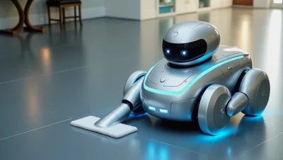 Futuristic Silver Cleaning Robot Polishing Floor