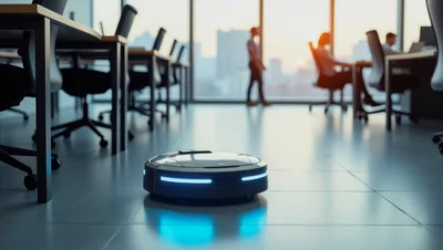 Robot Vacuum Cleaner Operating in Modern Office Space