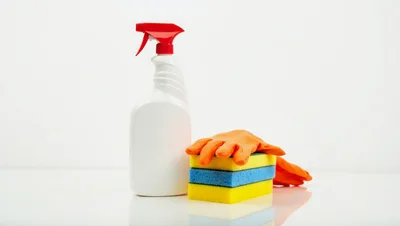 Cleaning Supplies with Spray Bottle Sponges and Gloves