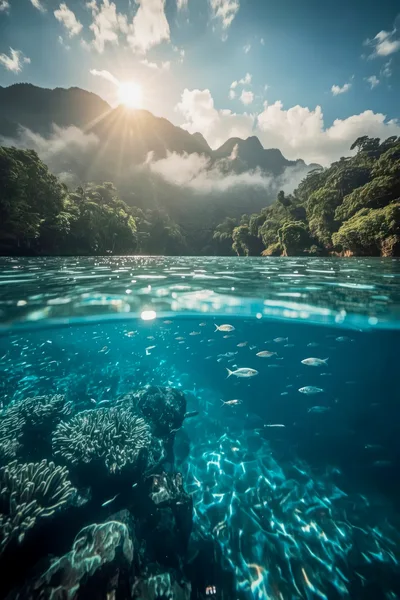 Split Level View Of Tropical Coral Reef And Mountains