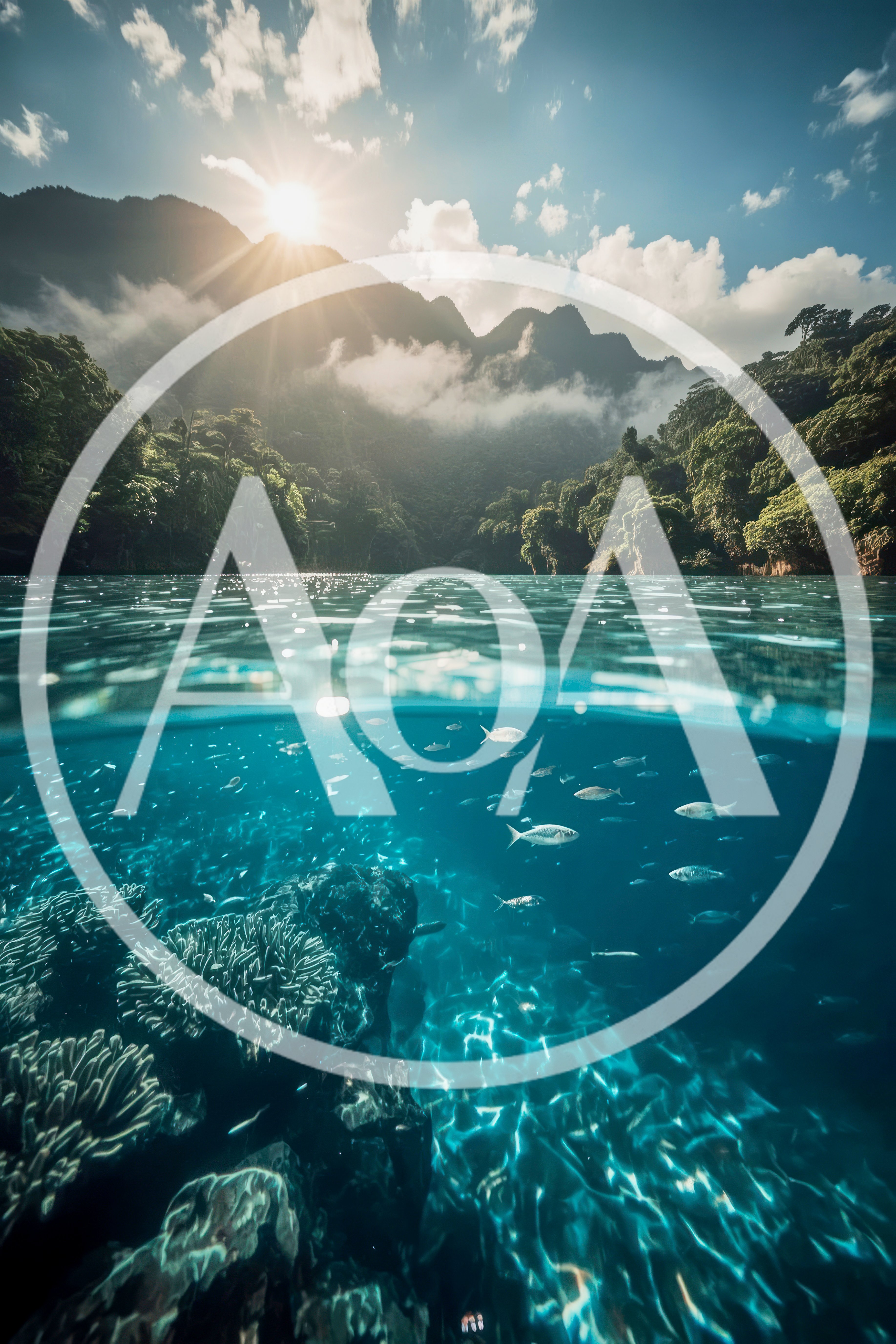 Split Level View Of Tropical Coral Reef And Mountains
