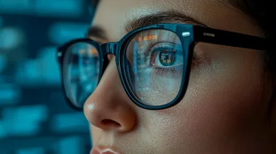 Close Up Of Woman Wearing Glasses Looking At Code