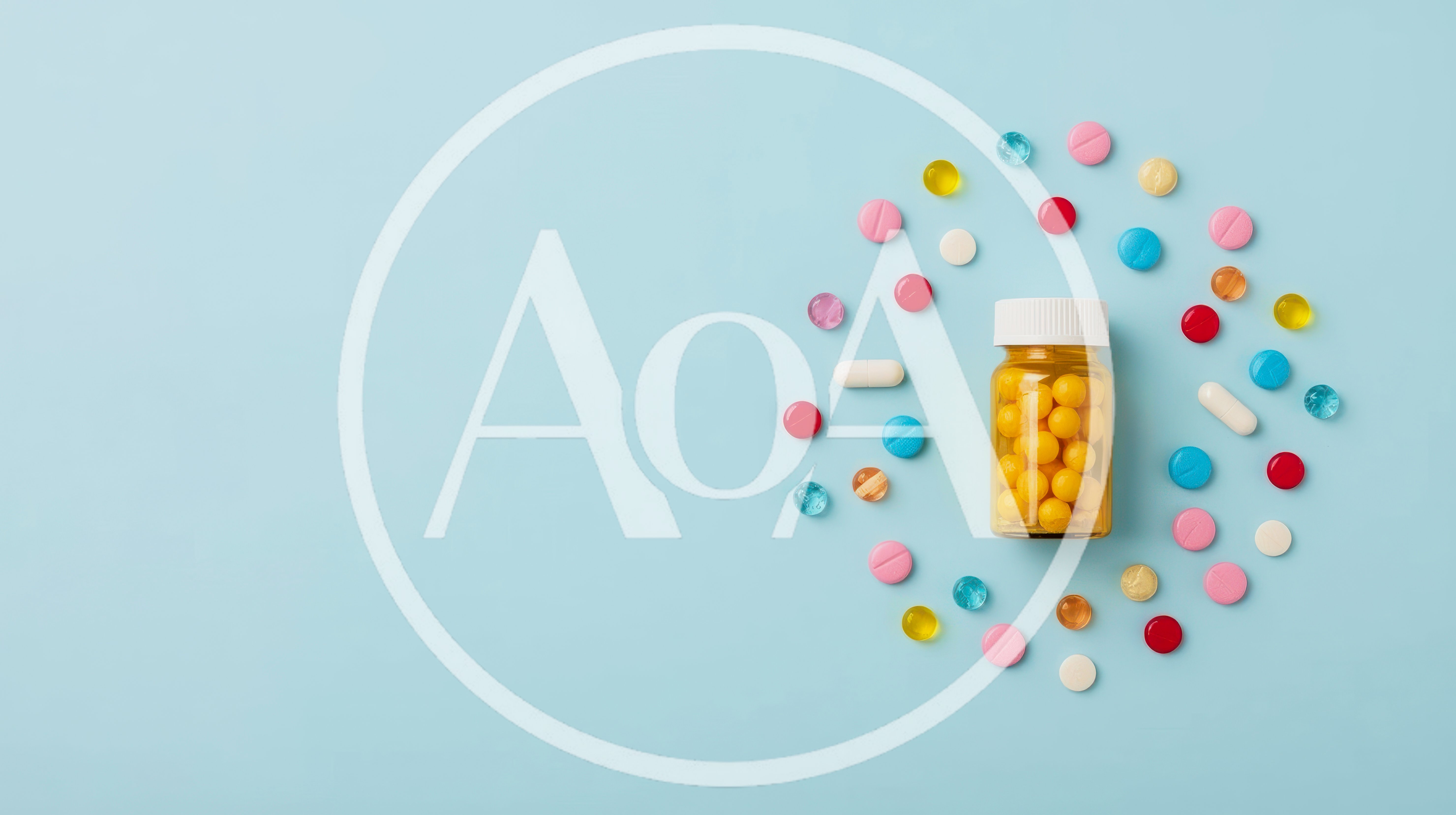 Pill Bottle Surrounded By Colorful Tablets On Blue Background