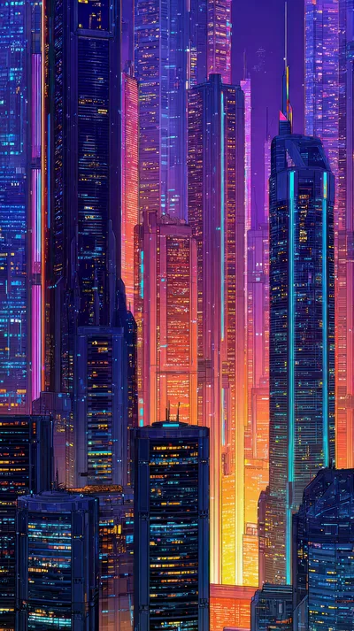 Futuristic Cyberpunk Cityscape With Glowing Neon Skyscrapers