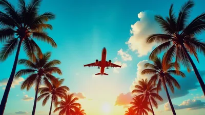 Commercial Airplane Flying Over Tropical Palm Trees
