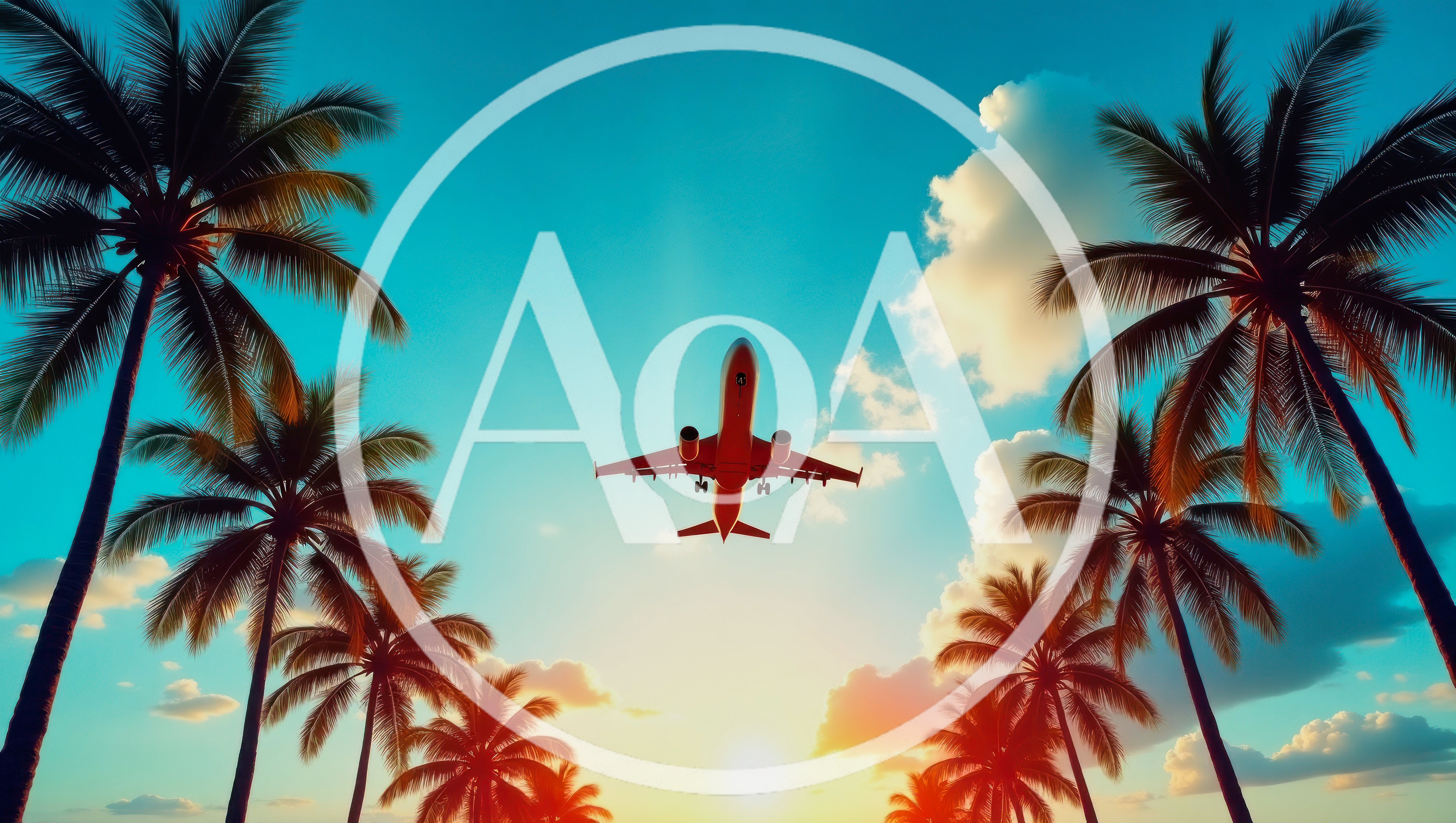 Commercial Airplane Flying Over Tropical Palm Trees