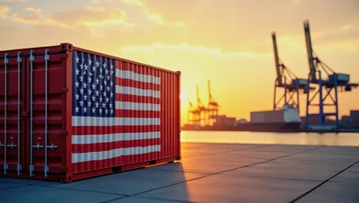 Shipping Container With American Flag At Port Terminal