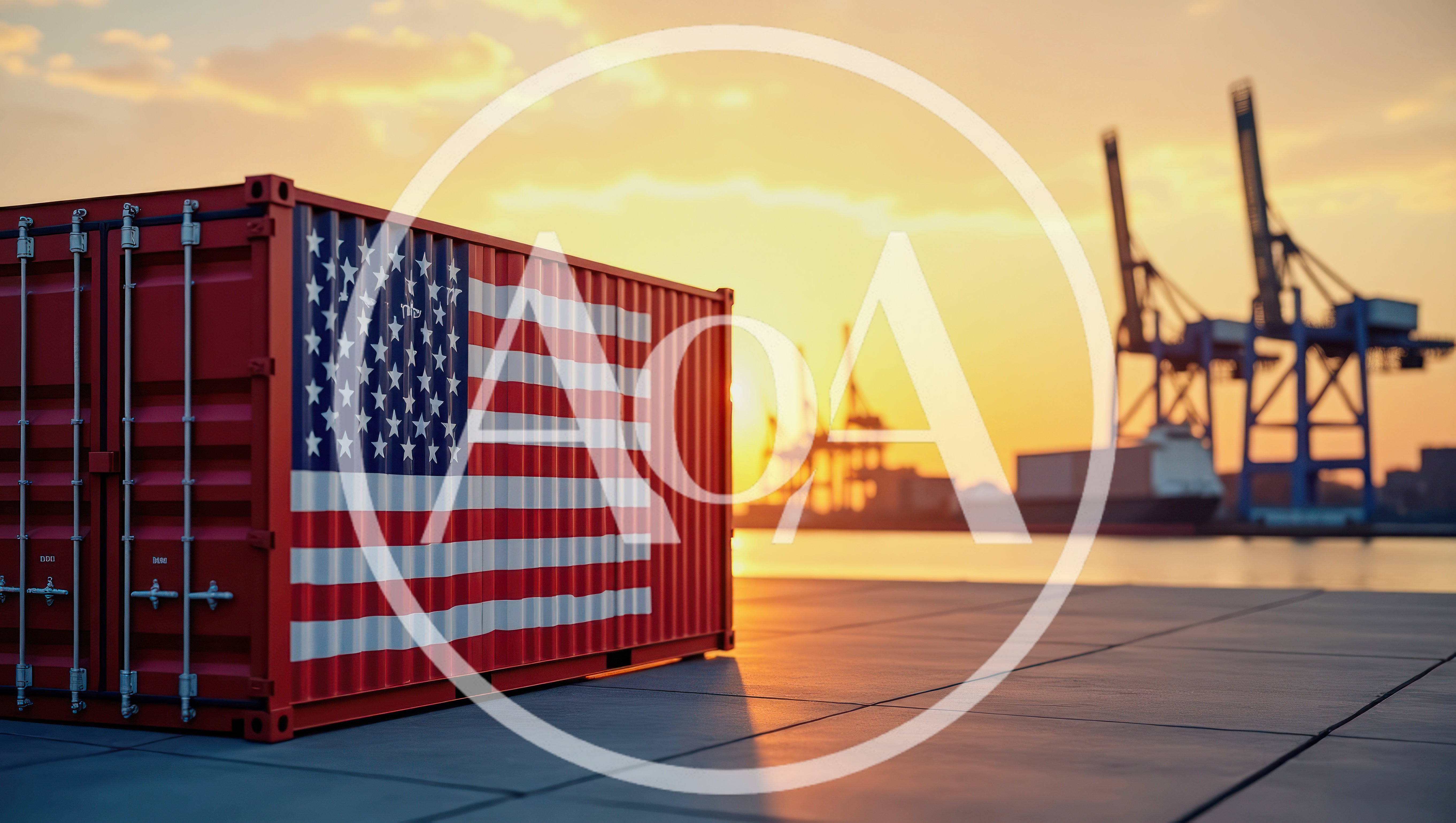 Shipping Container With American Flag At Port Terminal