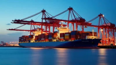 Container Ship Docked at Port Terminal at Twilight