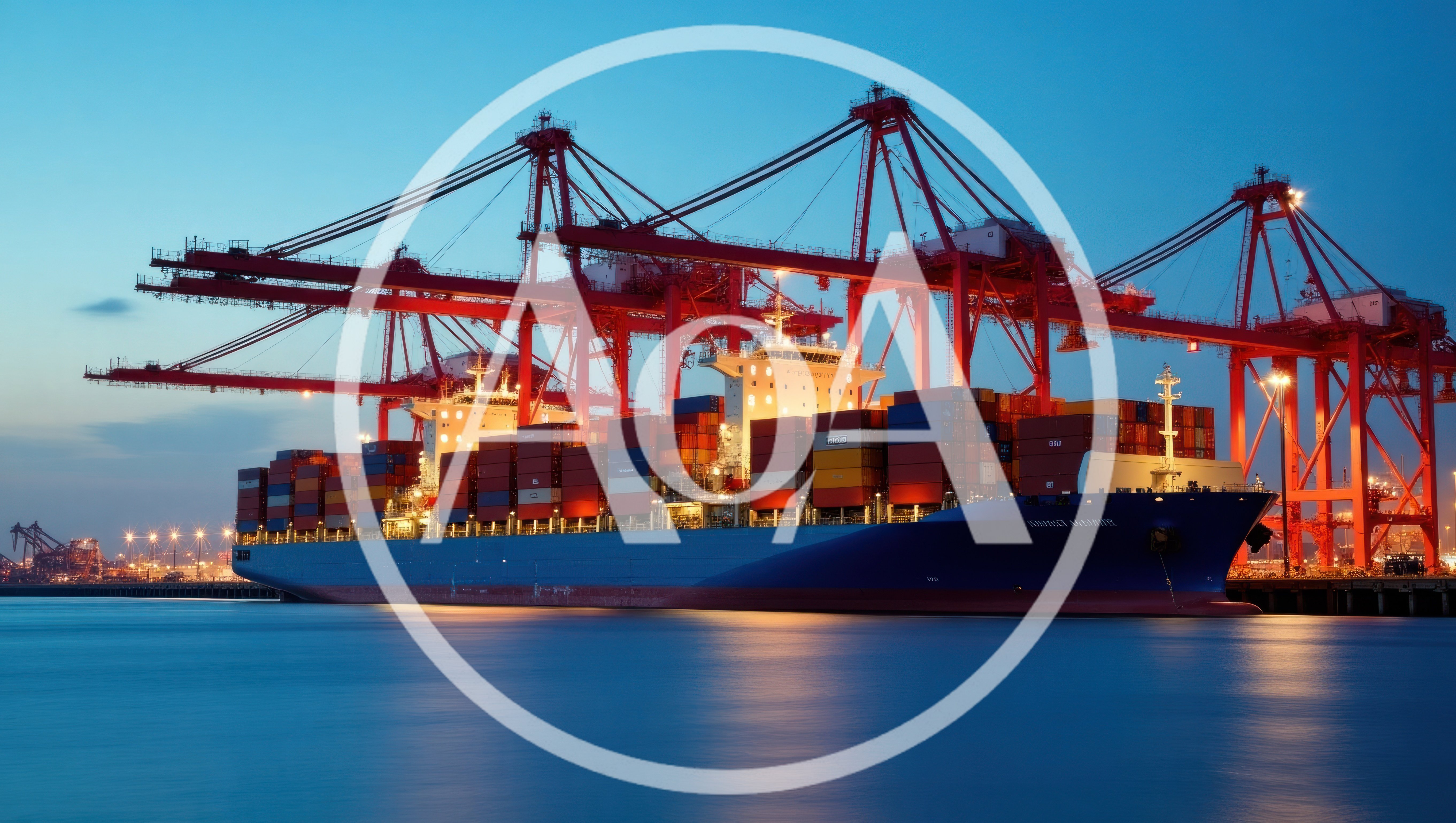 Container Ship Docked at Port Terminal at Twilight