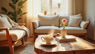 Steaming Cup Of Tea On A Rustic Wooden Coffee Table