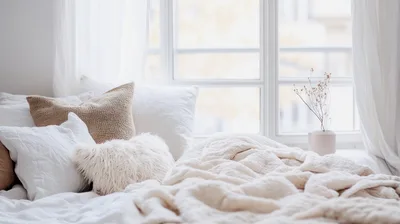 Cozy Bedroom Interior With Soft Pillows And Blanket