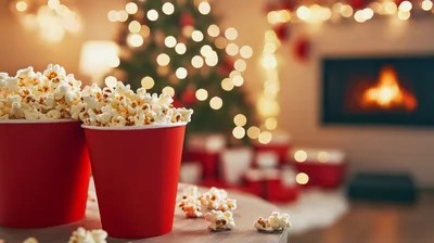 Two Red Popcorn Buckets In A Cozy Christmas Setting