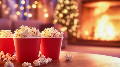 Red Popcorn Buckets on Table Before Cozy Fireplace
