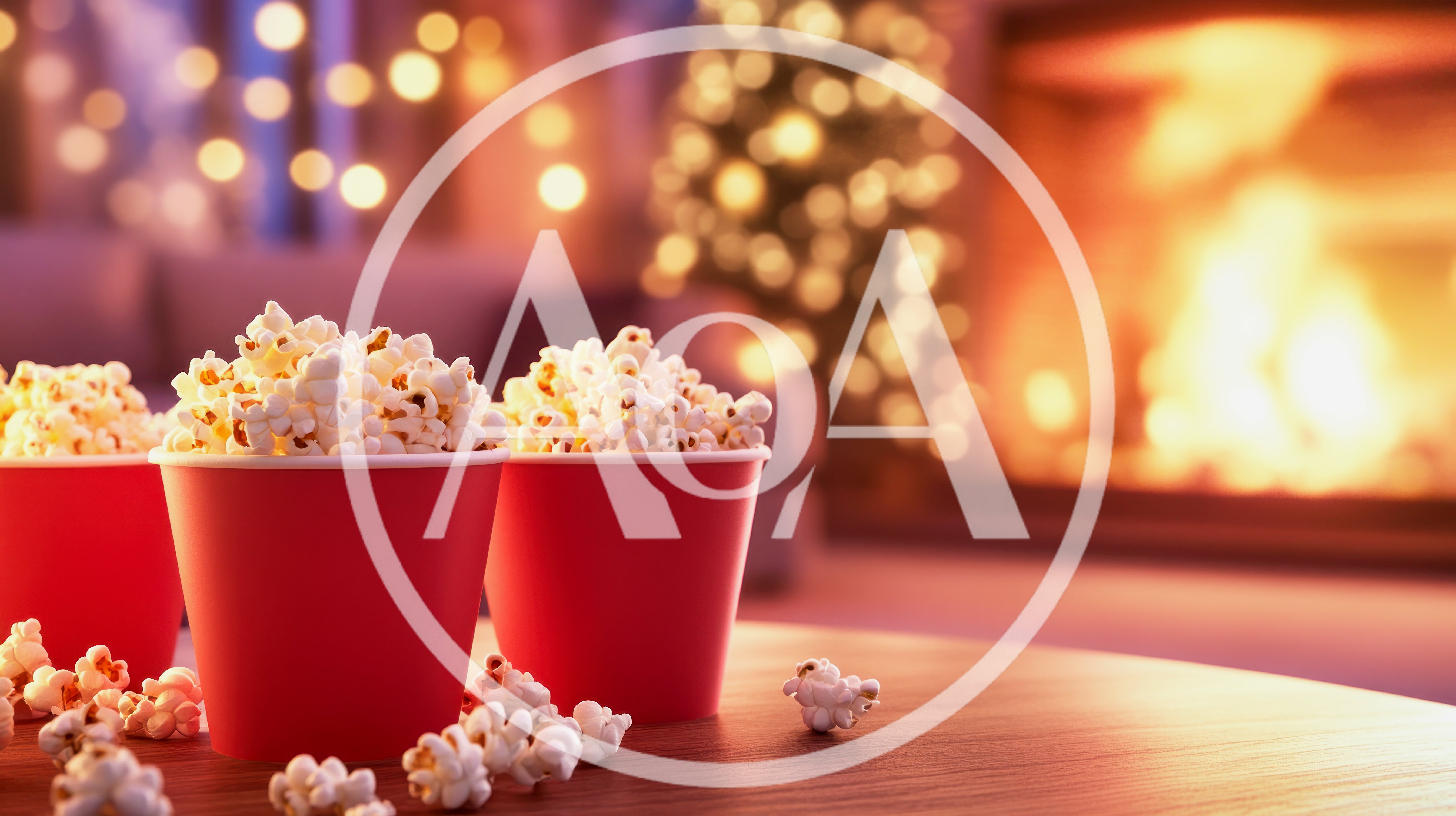 Red Popcorn Buckets on Table Before Cozy Fireplace