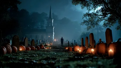Lone Figure Walking Through A Spooky Halloween Cemetery