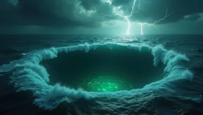 Giant Ocean Whirlpool Under A Stormy Lightning Sky