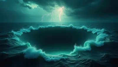 Giant Ocean Whirlpool Under A Stormy Lightning Sky