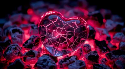 Cracked Glass Heart Resting On Glowing Red Coals