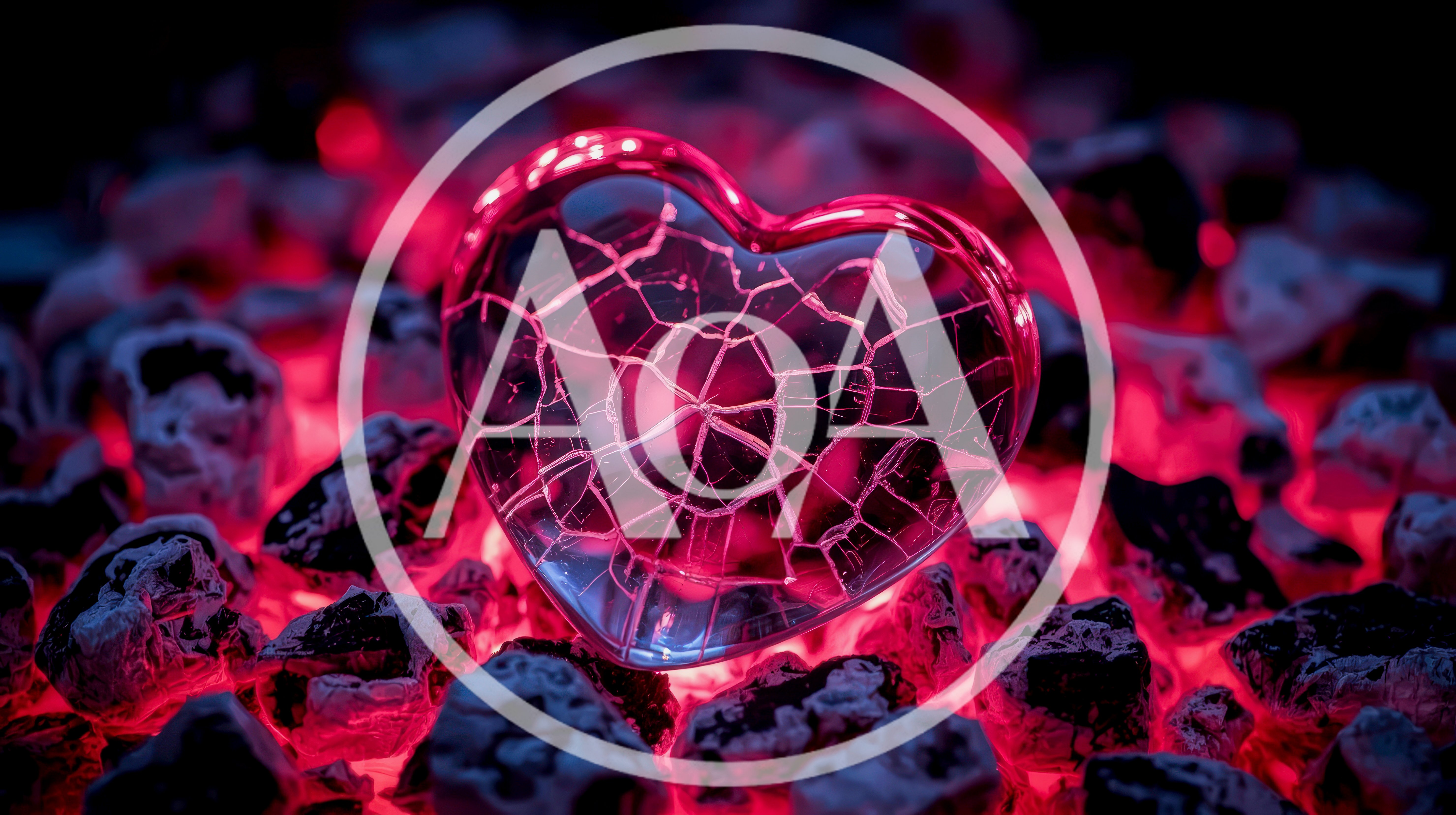 Cracked Glass Heart Resting On Glowing Red Coals