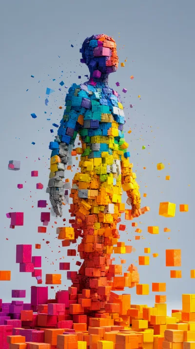 Abstract Human Figure Composed Of Colorful Floating Cubes