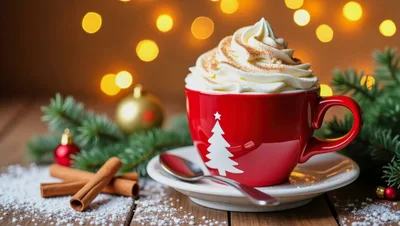 Red Christmas Mug With Whipped Cream And Cinnamon