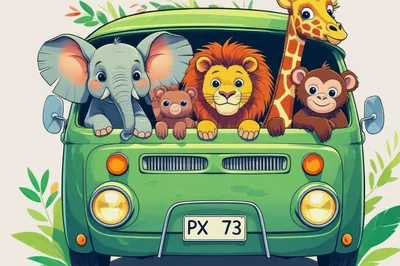 Cartoon Animals Riding In A Green Safari Van