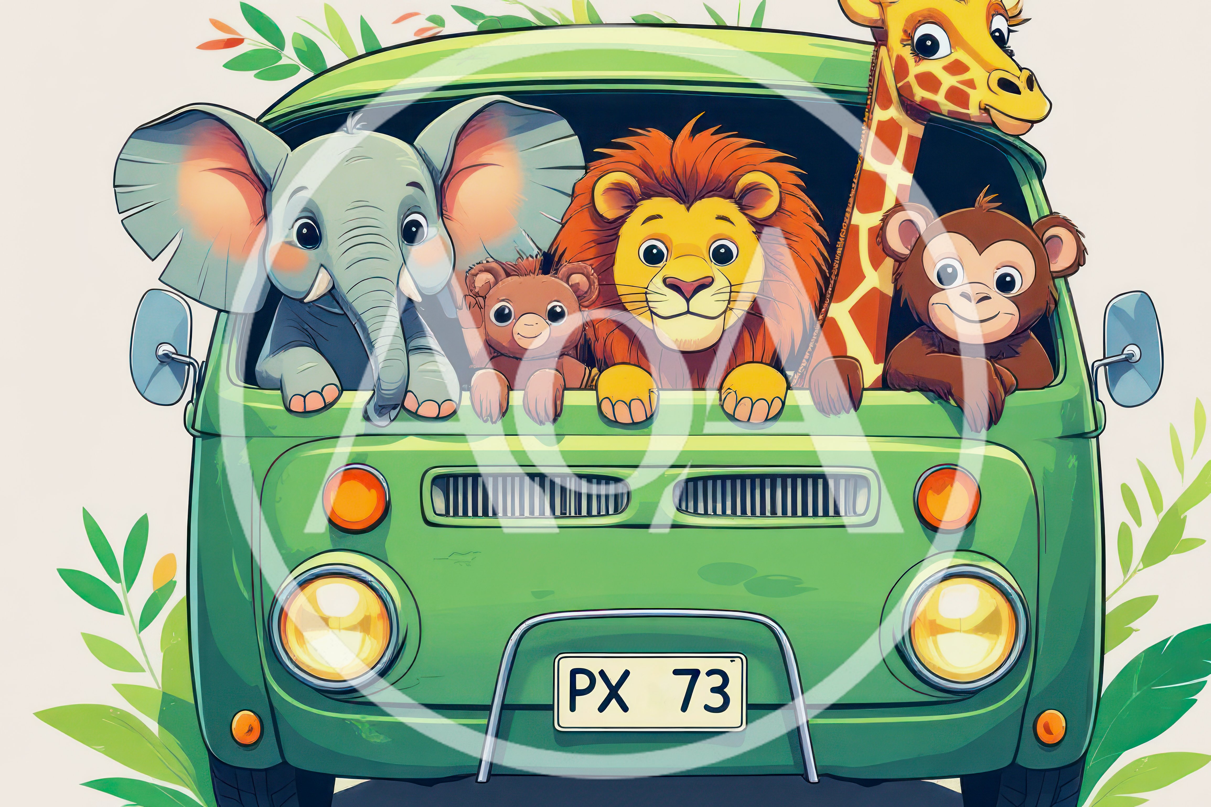 Cartoon Animals Riding In A Green Safari Van