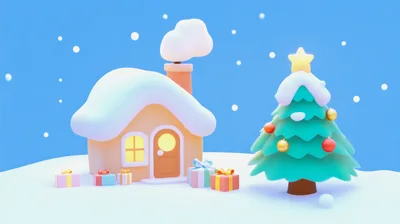 3D Rendered Christmas House And Tree With Gifts