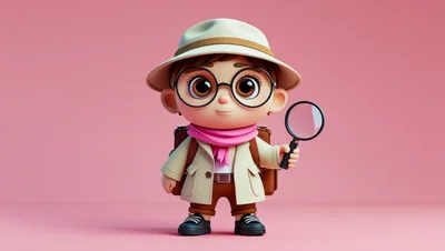 Cute Cartoon Explorer Character Holding A Magnifying Glass