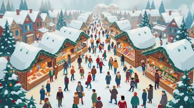 Crowded Christmas Market In A Snowy Village