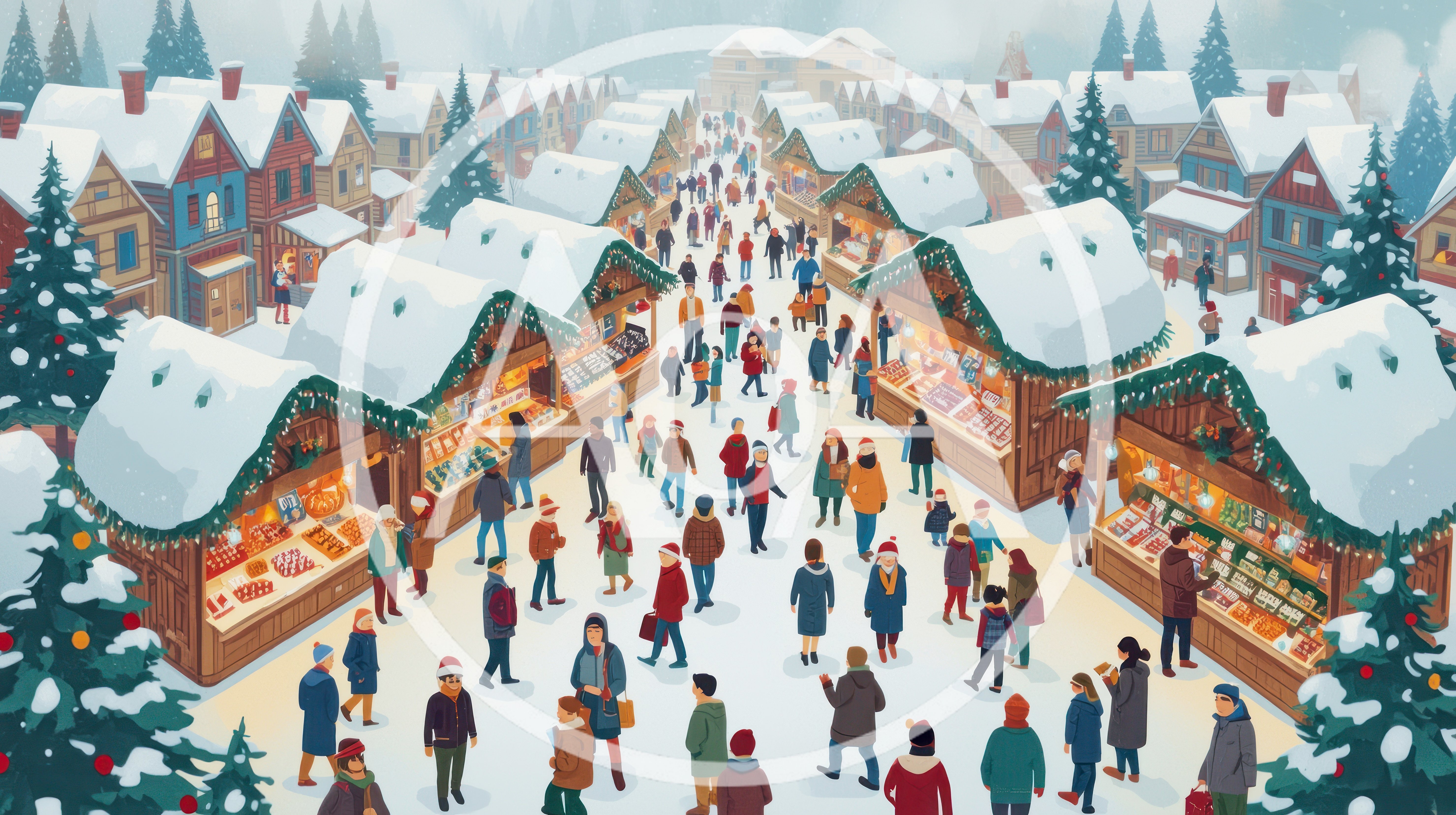 Crowded Christmas Market In A Snowy Village