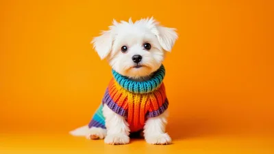 Small White Maltese Puppy Wearing A Colorful Knitted Sweater