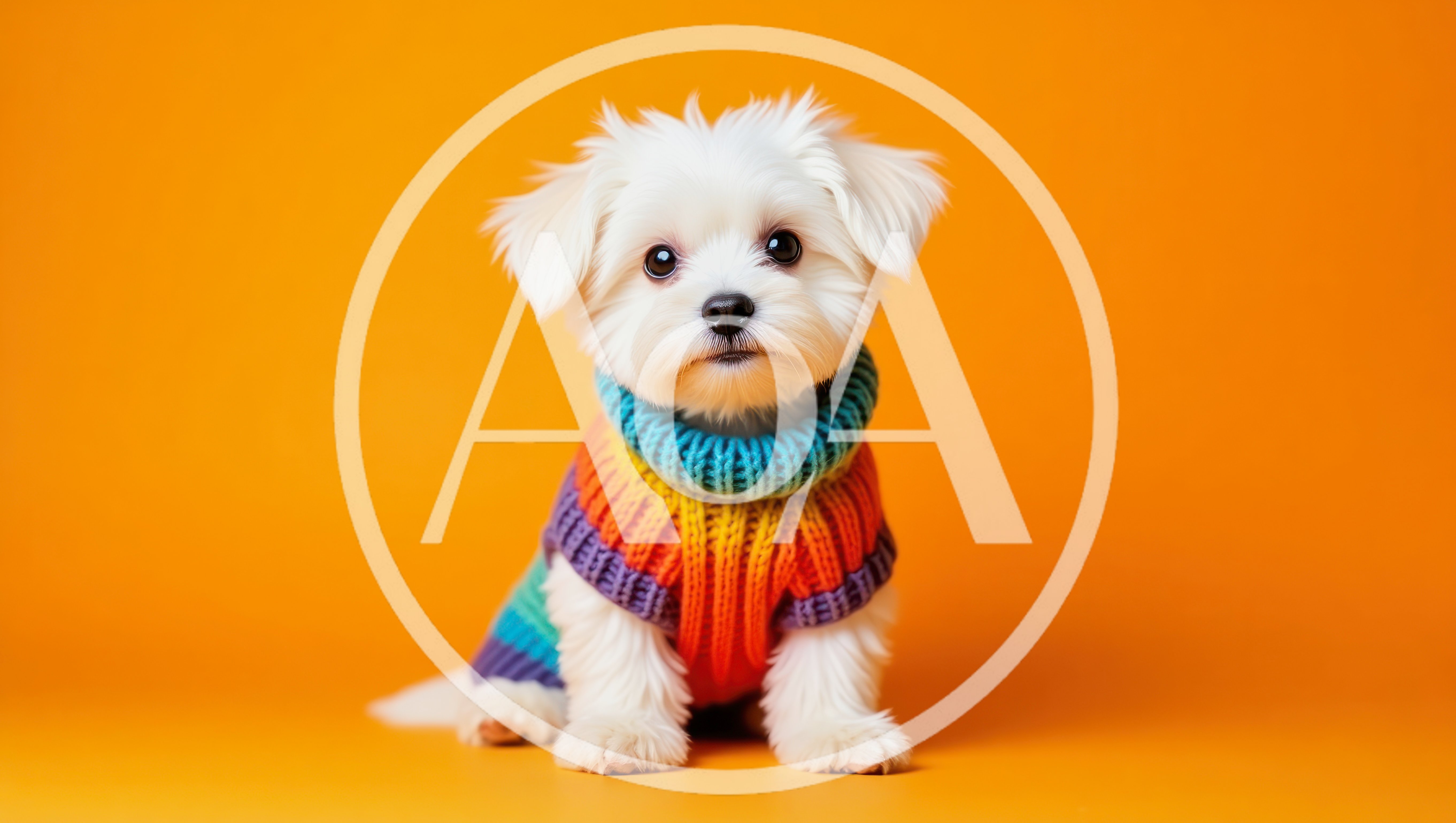 Small White Maltese Puppy Wearing A Colorful Knitted Sweater