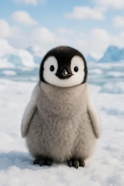 Cute Baby Emperor Penguin Standing On Ice