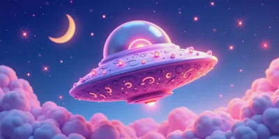 UFO Flying Above Pink Clouds at Night
