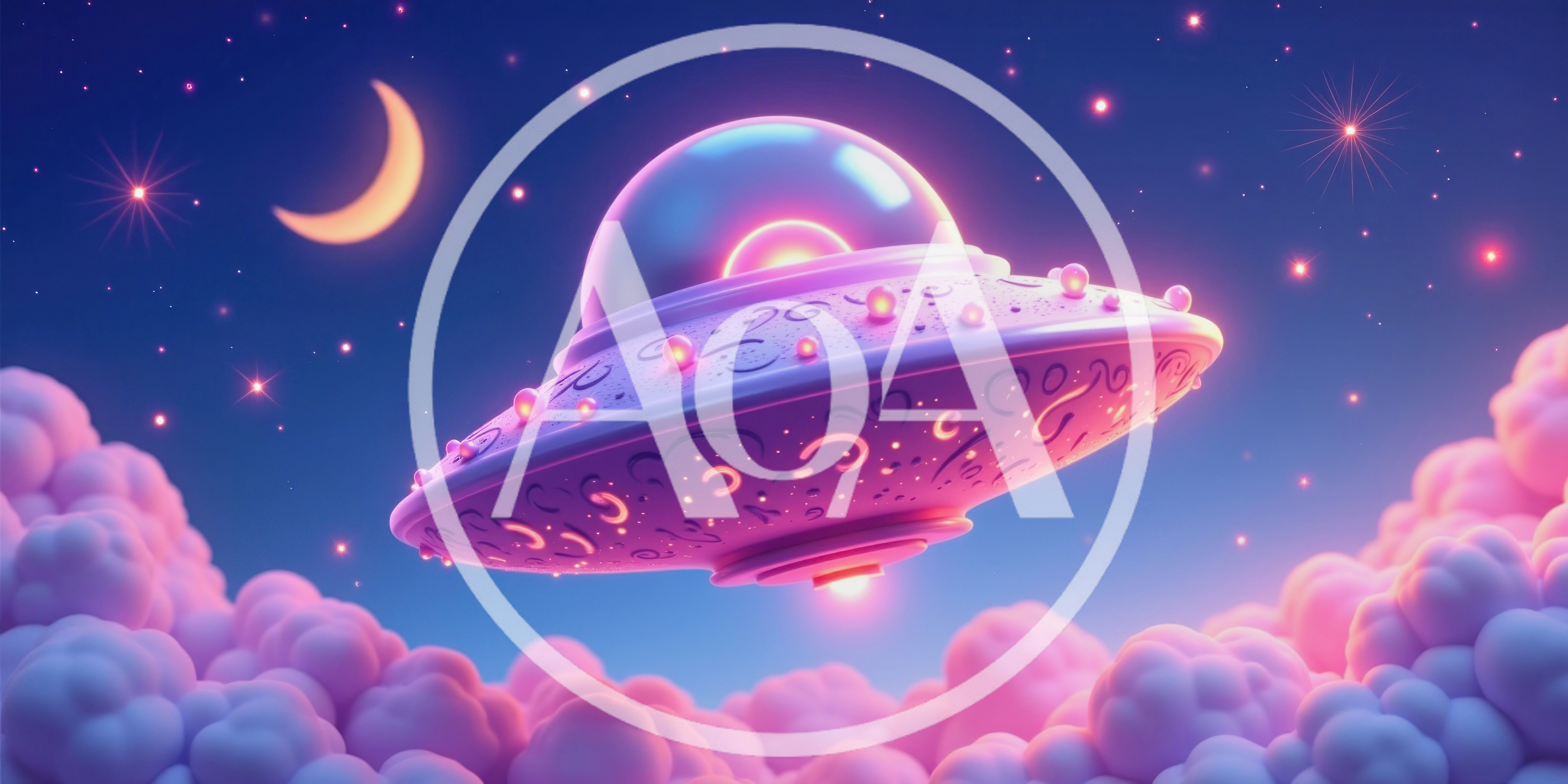 UFO Flying Above Pink Clouds at Night