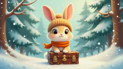 Cute Cartoon Bunny Sitting On A Vintage Suitcase