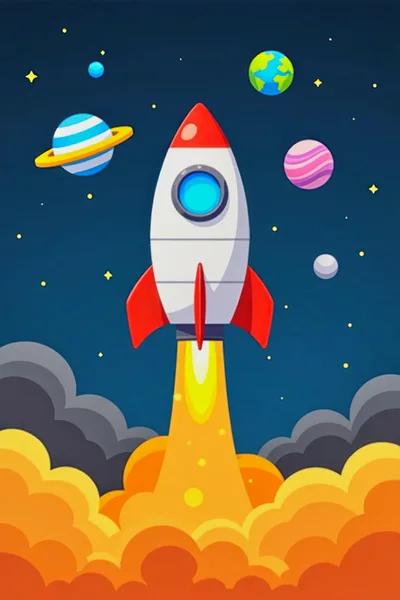 Cartoon Rocket Ship Launching Into Outer Space