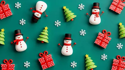 Christmas Pattern With Snowmen Trees And Gift Boxes