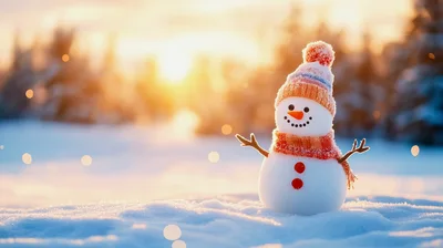 Cute Snowman Standing In Snowy Winter Landscape