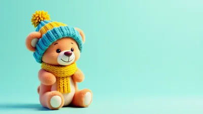Cute Teddy Bear Wearing Winter Hat and Scarf