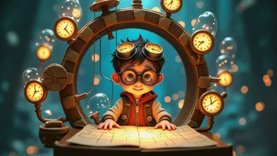 Young Boy Scientist Studying Map With Steampunk Clocks