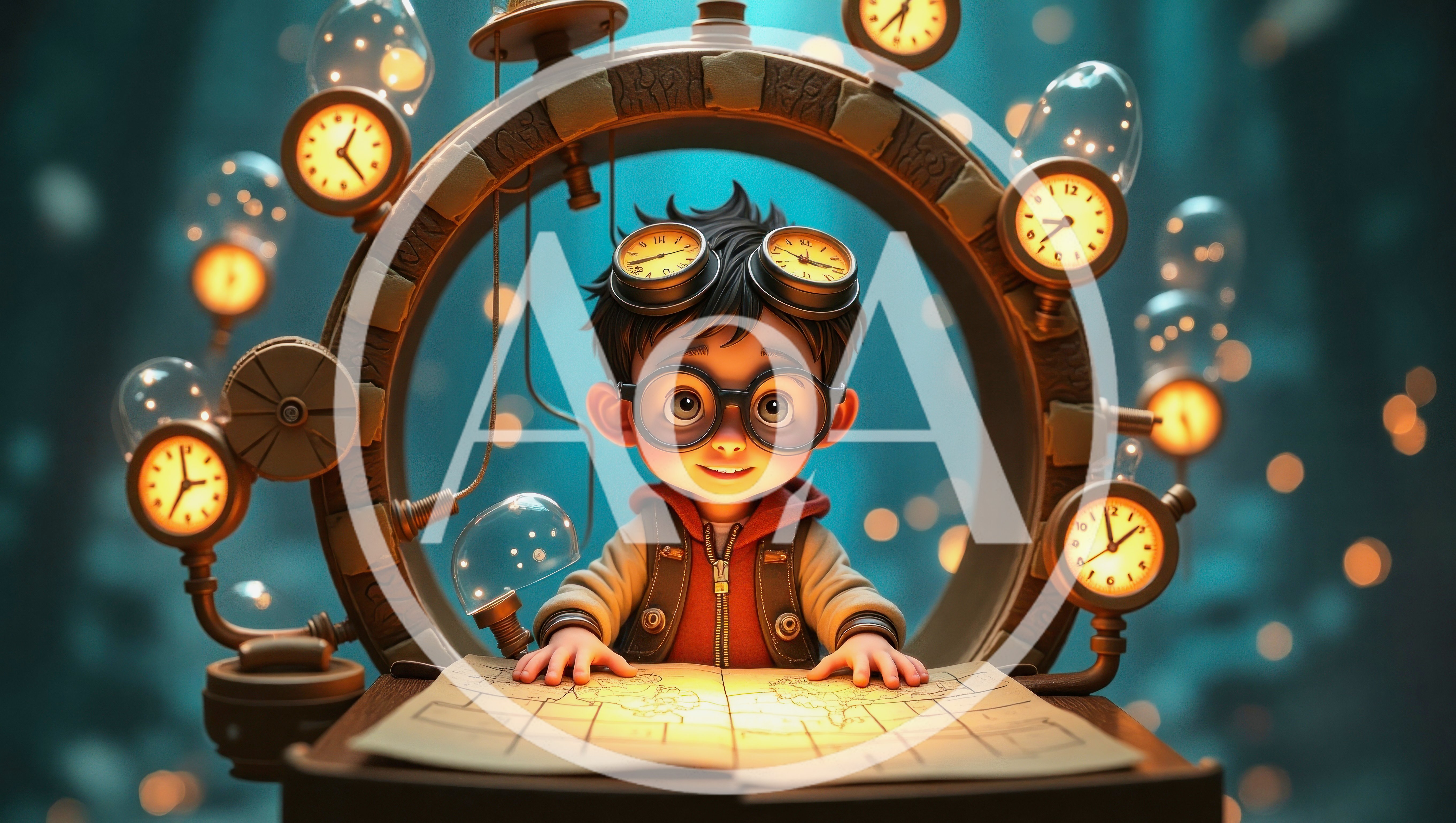 Young Boy Scientist Studying Map With Steampunk Clocks