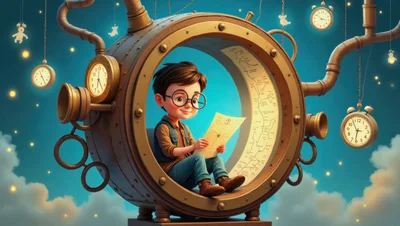 Young Boy Reading Map Inside Steampunk Time Machine