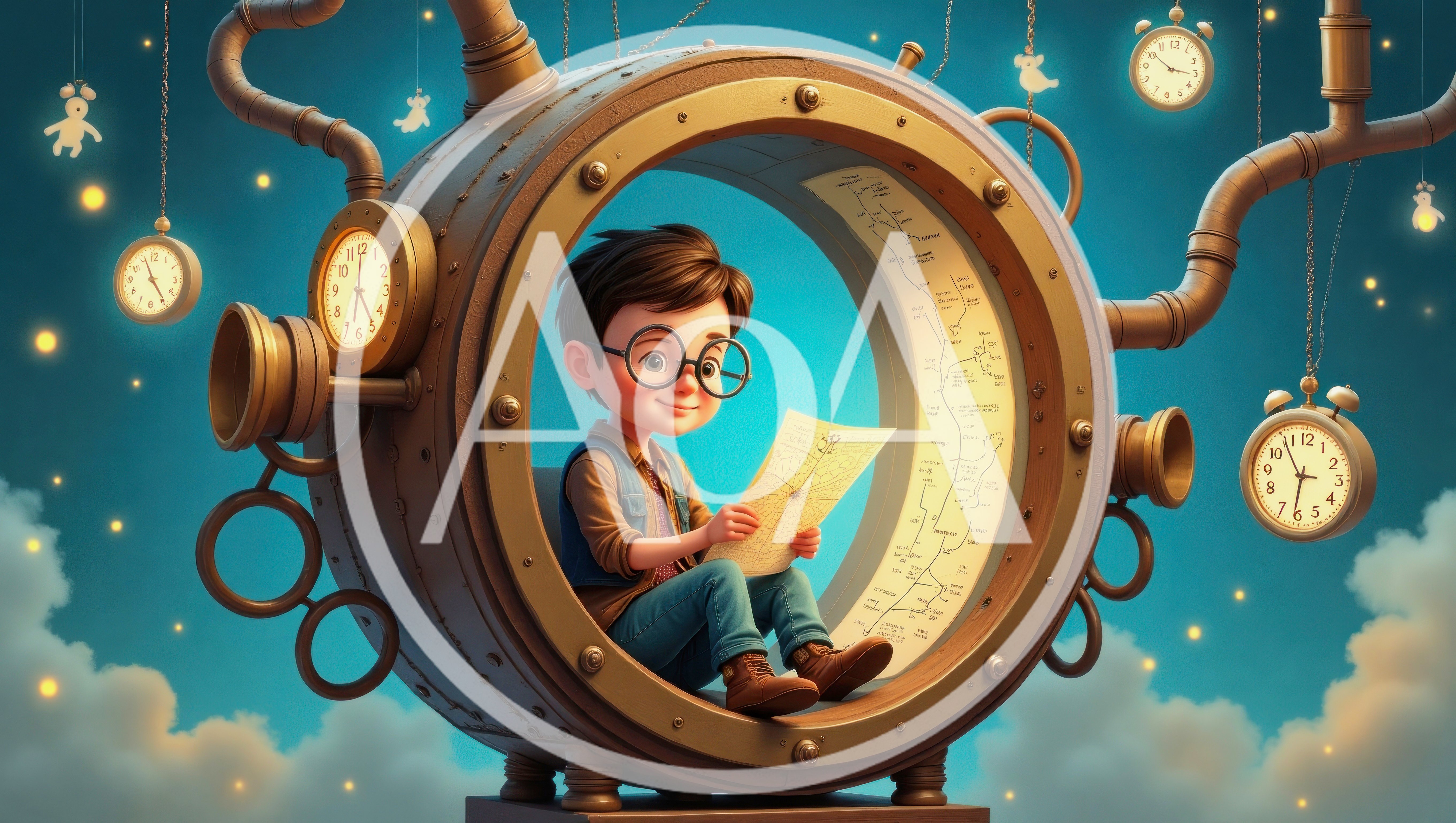 Young Boy Reading Map Inside Steampunk Time Machine