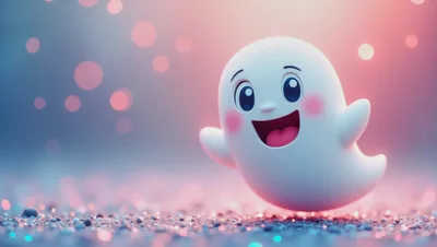 Cute Cartoon Ghost Character Floating Over Glittering Surface