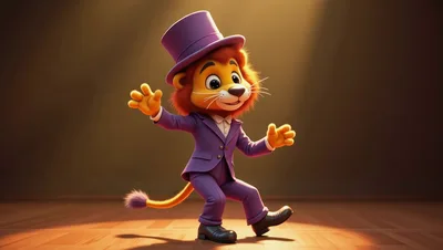 Cartoon Lion Performer In A Purple Suit